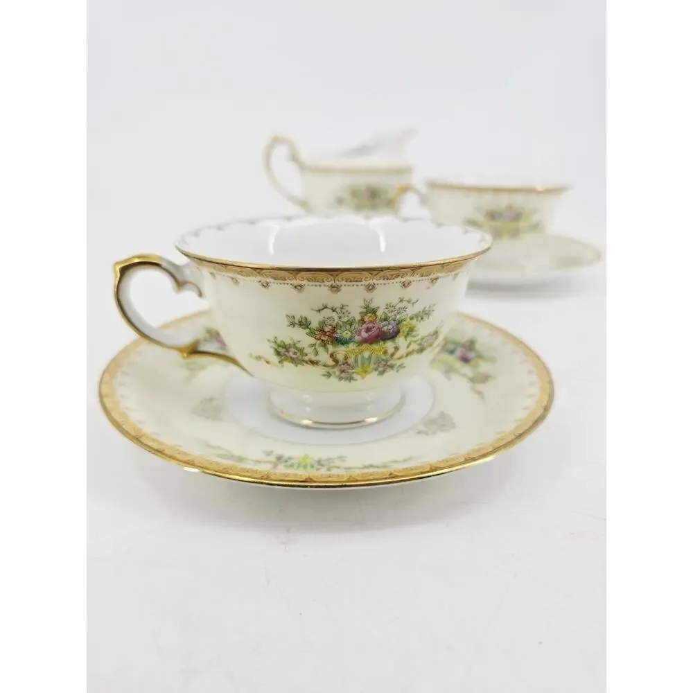 Meito Jewel Floral & Gold Pattern Set Of 2 Cups & Saucers & Creamer Japan